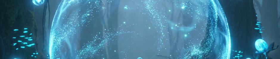 Hooded figure within a magical blue orb surrounded by bioluminescent plants in a dark forest.