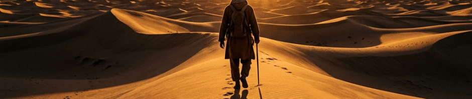 Person walking with a staff on sand dunes at sunset in a vast desert